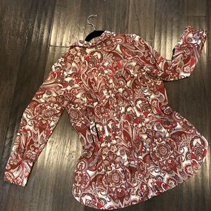 Merlot paisley button front blouse.